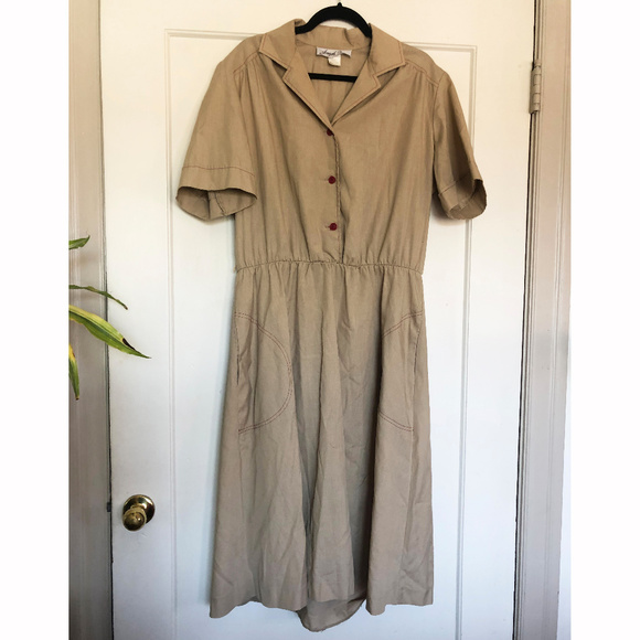 Vintage Dresses & Skirts - Vintage 70s 80s Cotton Poly Shirt Dress w/ Pockets